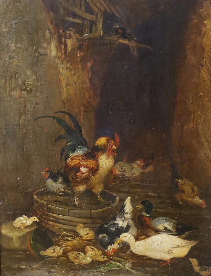 Antoine Guilleminet (French, 1843-1918), pair of oils on panels, Chickens, peacock and ducks in a barn, signed, 40 x 31cm